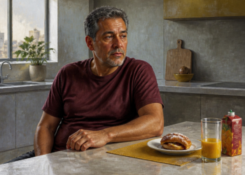 Hombre de mediana edad sentado en una cocina frente a un desayuno con bollería y zumo, mientras observa hacia un lado con expresión pensativa.