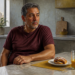 Hombre de mediana edad sentado en una cocina frente a un desayuno con bollería y zumo, mientras observa hacia un lado con expresión pensativa.