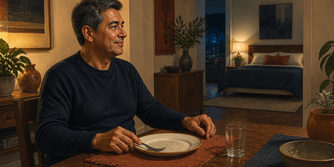 Hombre adulto sentado a la mesa después de cenar, con un plato vacío y un vaso, mientras al fondo se observa un dormitorio preparado para dormir.