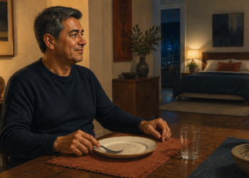 Hombre adulto sentado a la mesa después de cenar, con un plato vacío y un vaso, mientras al fondo se observa un dormitorio preparado para dormir.