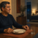 Hombre adulto sentado a la mesa después de cenar, con un plato vacío y un vaso, mientras al fondo se observa un dormitorio preparado para dormir.