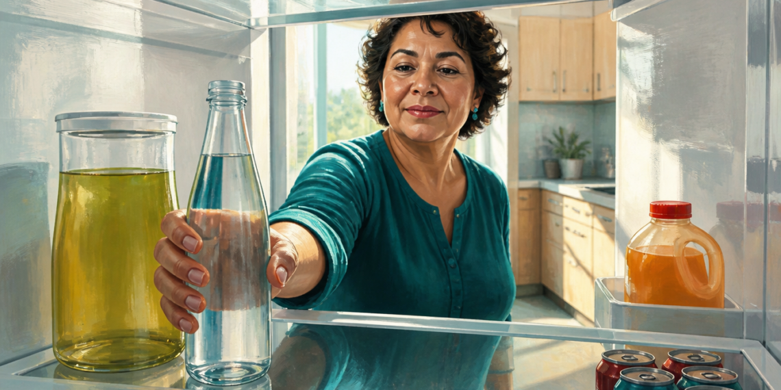 Mujer adulta toma una botella de agua del refrigerador, visto desde el interior, con otras bebidas visibles en los estantes de una cocina luminosa.