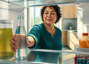 Mujer adulta toma una botella de agua del refrigerador, visto desde el interior, con otras bebidas visibles en los estantes de una cocina luminosa.