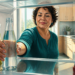 Mujer adulta toma una botella de agua del refrigerador, visto desde el interior, con otras bebidas visibles en los estantes de una cocina luminosa.
