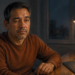 Hombre adulto sentado frente al ordenador por la noche con un párpado entrecerrado, una taza de café sobre el escritorio y una lámpara encendida.