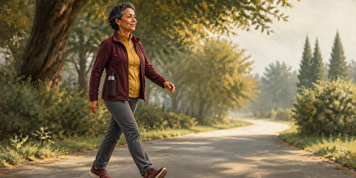 Mujer adulta caminando al aire libre por un sendero arbolado, con ropa deportiva y una botella reutilizable en un bolsillo lateral.