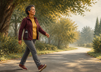 Mujer adulta caminando al aire libre por un sendero arbolado, con ropa deportiva y una botella reutilizable en un bolsillo lateral.