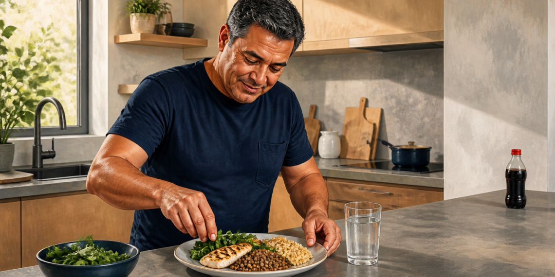 Hombre adulto prepara un plato con proteína a la plancha, legumbres y verduras en una cocina, junto a un vaso de agua y una botella de refresco.
