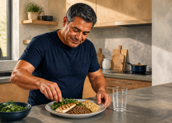 Hombre adulto prepara un plato con proteína a la plancha, legumbres y verduras en una cocina, junto a un vaso de agua y una botella de refresco.