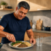 Hombre adulto prepara un plato con proteína a la plancha, legumbres y verduras en una cocina, junto a un vaso de agua y una botella de refresco.