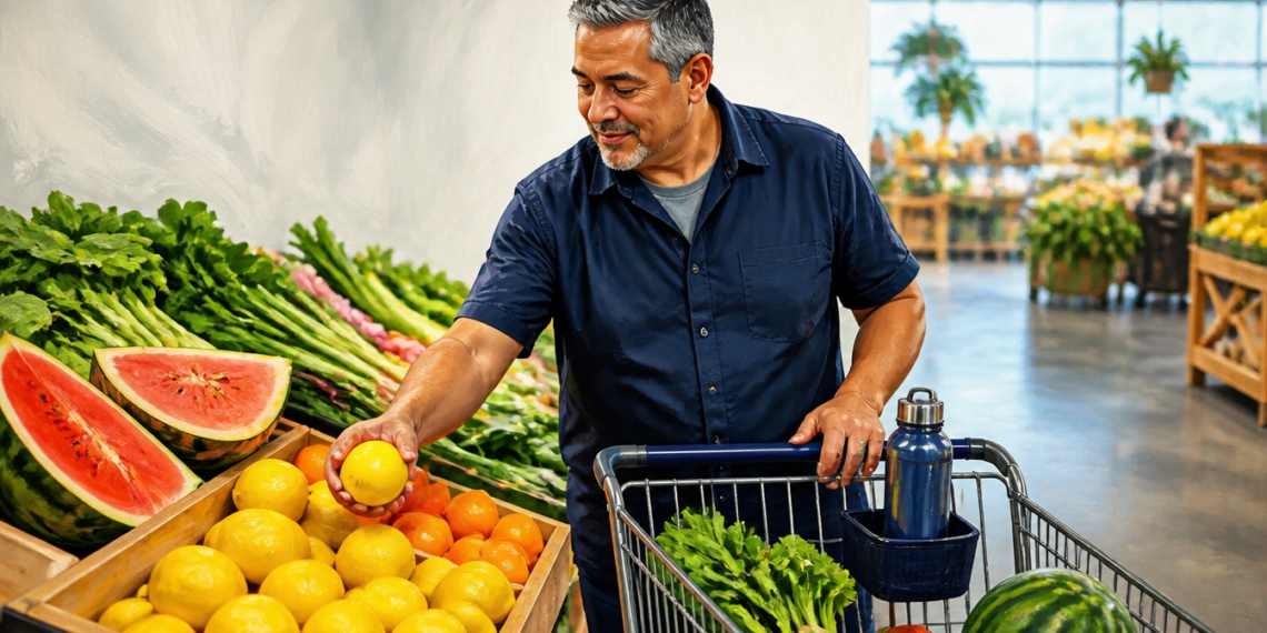 Hombre adulto selecciona un limón junto a un carrito con verduras, sandía y una botella reutilizable en la sección de frutas y hortalizas de un mercado.
