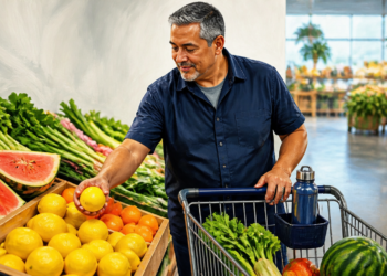 Hombre adulto selecciona un limón junto a un carrito con verduras, sandía y una botella reutilizable en la sección de frutas y hortalizas de un mercado.