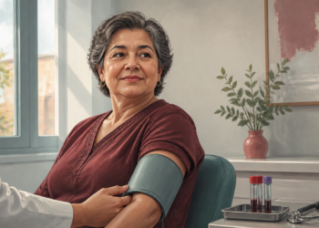 Mujer mayor se somete a una medición de la presión arterial en una consulta, con tubos de análisis de sangre y un estetoscopio sobre la mesa.