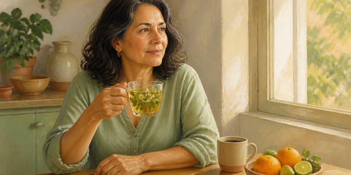 Mujer adulta sosteniendo una taza de infusión de hierbas junto a una ventana, con una taza de café y cítricos sobre la mesa.