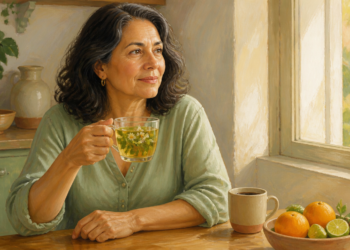 Mujer adulta sosteniendo una taza de infusión de hierbas junto a una ventana, con una taza de café y cítricos sobre la mesa.