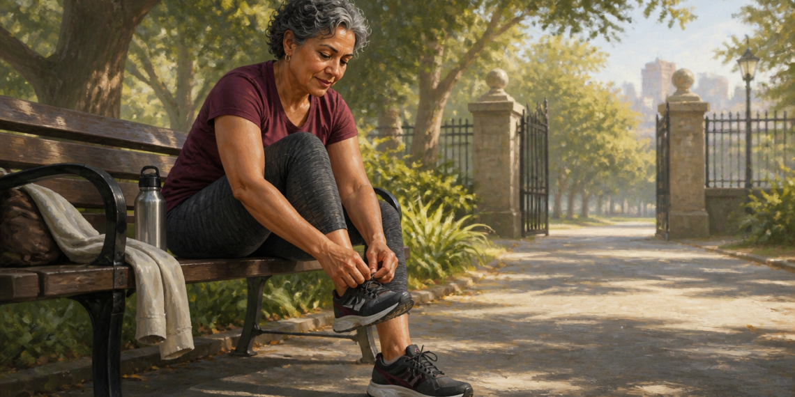Mujer mayor sentada en un banco de parque se ata una zapatilla deportiva antes de caminar, junto a una botella de agua y una chaqueta.