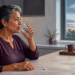Mujer mayor bebe un vaso de agua en una cocina, con una pastilla sobre la mesa y una bandeja con café, leche y pan cerca de la ventana.