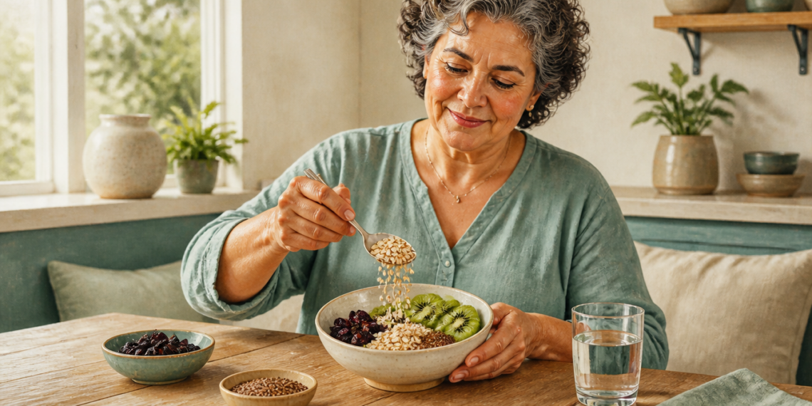 Mujer mayor añade copos de avena a un cuenco con kiwi y frutos secos, sentada ante una mesa con un vaso de agua en una cocina luminosa.