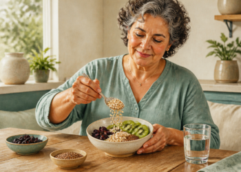 Mujer mayor añade copos de avena a un cuenco con kiwi y frutos secos, sentada ante una mesa con un vaso de agua en una cocina luminosa.