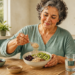 Mujer mayor añade copos de avena a un cuenco con kiwi y frutos secos, sentada ante una mesa con un vaso de agua en una cocina luminosa.
