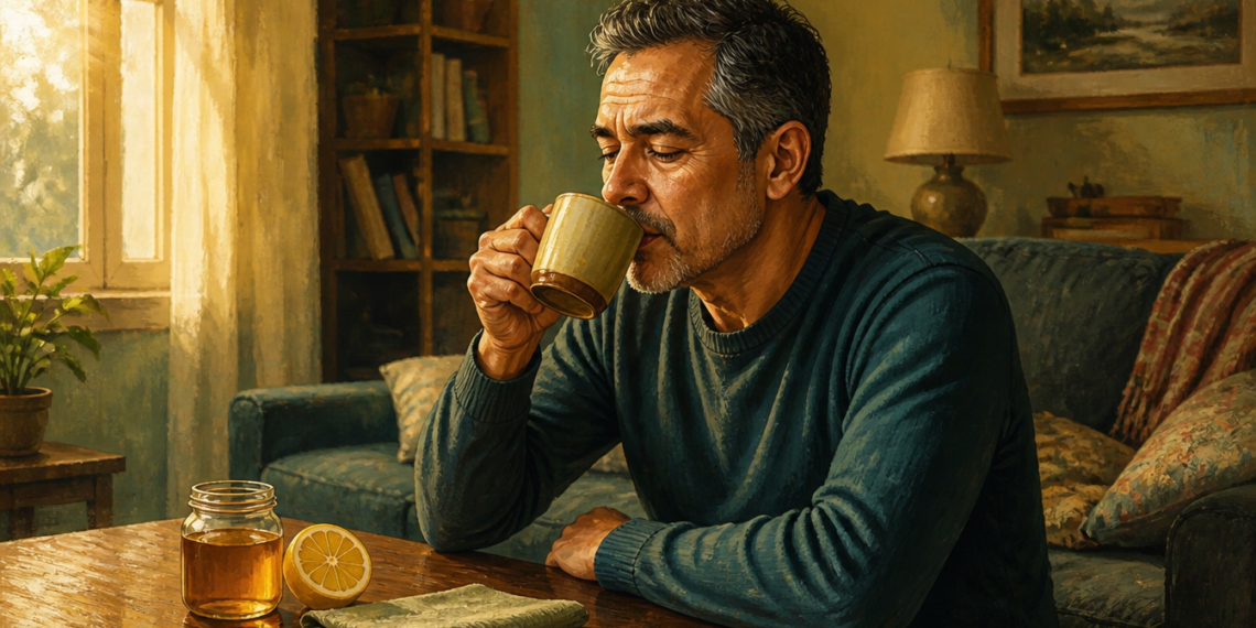 Hombre adulto bebiendo una infusión caliente en casa, con un frasco de miel y medio limón sobre la mesa.