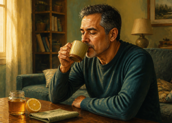 Hombre adulto bebiendo una infusión caliente en casa, con un frasco de miel y medio limón sobre la mesa.