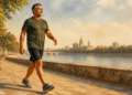 Hombre adulto caminando a paso ligero por un paseo junto al río, con árboles a un lado y una ciudad al fondo.