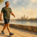 Hombre adulto caminando a paso ligero por un paseo junto al río, con árboles a un lado y una ciudad al fondo.