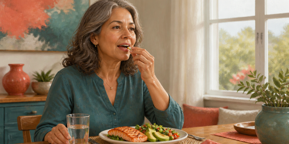 Mujer adulta tomando una cápsula durante una comida con salmón, aguacate y ensalada, acompañada de un vaso de agua.