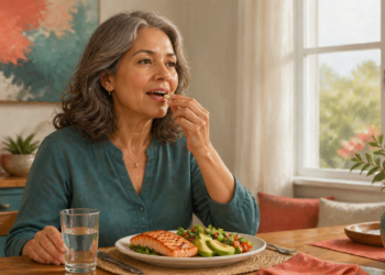 Mujer adulta tomando una cápsula durante una comida con salmón, aguacate y ensalada, acompañada de un vaso de agua.