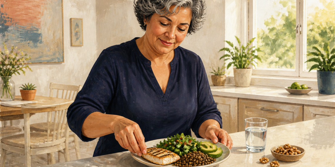 Mujer mayor prepara un plato con pescado a la plancha, lentejas, aguacate y verduras, acompañado de agua y nueces en una cocina luminosa.Mujer mayor prepara un plato con pescado a la plancha, lentejas, aguacate y verduras, acompañado de agua y nueces en una cocina luminosa.
