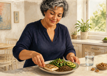 Mujer mayor prepara un plato con pescado a la plancha, lentejas, aguacate y verduras, acompañado de agua y nueces en una cocina luminosa.Mujer mayor prepara un plato con pescado a la plancha, lentejas, aguacate y verduras, acompañado de agua y nueces en una cocina luminosa.