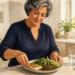 Mujer mayor prepara un plato con pescado a la plancha, lentejas, aguacate y verduras, acompañado de agua y nueces en una cocina luminosa.Mujer mayor prepara un plato con pescado a la plancha, lentejas, aguacate y verduras, acompañado de agua y nueces en una cocina luminosa.