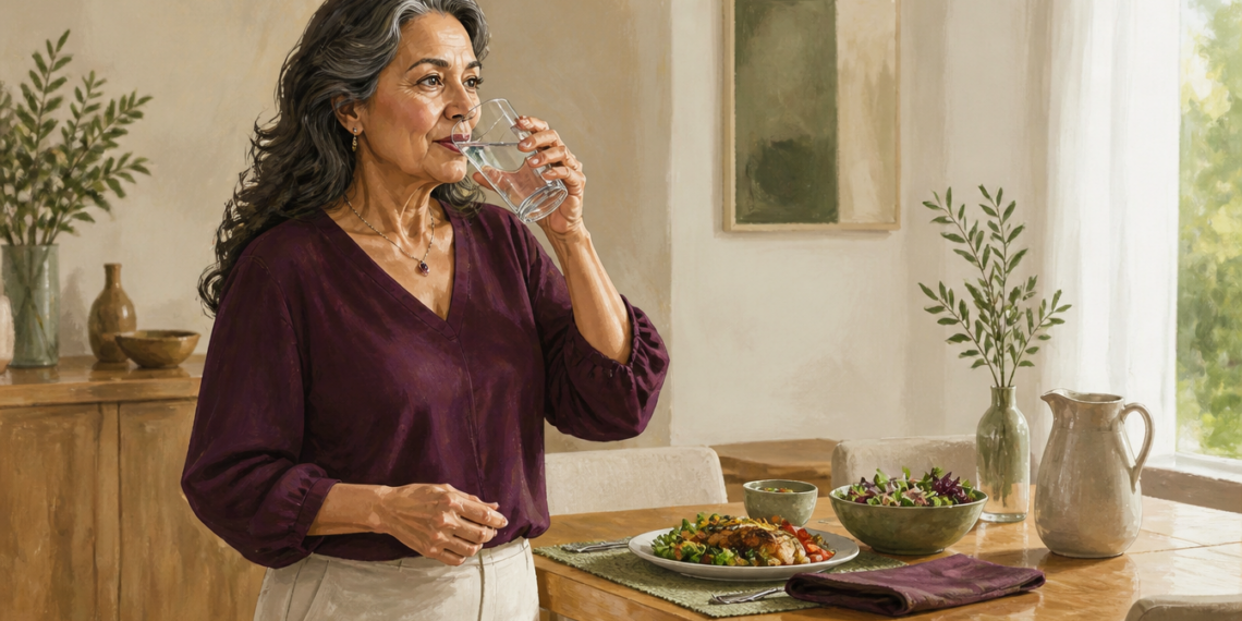 Mujer adulta bebiendo un vaso de agua junto a una mesa con una comida servida, en un comedor luminoso.
