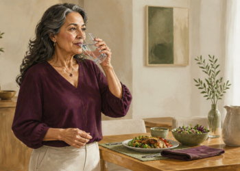 Mujer adulta bebiendo un vaso de agua junto a una mesa con una comida servida, en un comedor luminoso.