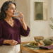 Mujer adulta bebiendo un vaso de agua junto a una mesa con una comida servida, en un comedor luminoso.