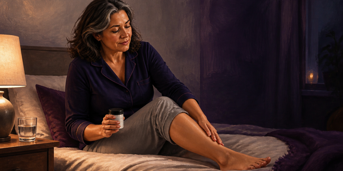 Mujer adulta sentada en la cama por la noche sostiene un frasco de suplemento mientras se toca una pierna, junto a un vaso de agua sobre la mesita.