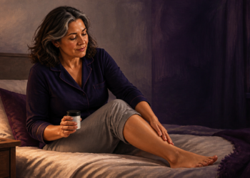 Mujer adulta sentada en la cama por la noche sostiene un frasco de suplemento mientras se toca una pierna, junto a un vaso de agua sobre la mesita.
