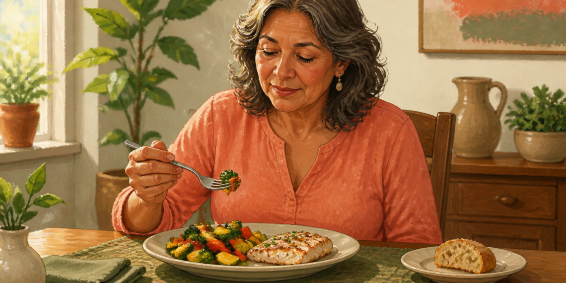 Mujer adulta comiendo verduras con un tenedor en una mesa, frente a un plato con vegetales y pescado y una porción de pan servida aparte.