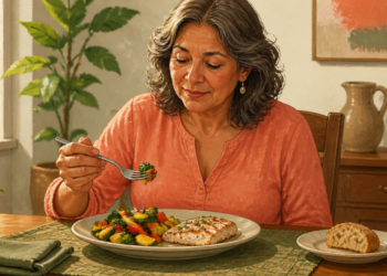 Mujer adulta comiendo verduras con un tenedor en una mesa, frente a un plato con vegetales y pescado y una porción de pan servida aparte.