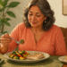 Mujer adulta comiendo verduras con un tenedor en una mesa, frente a un plato con vegetales y pescado y una porción de pan servida aparte.