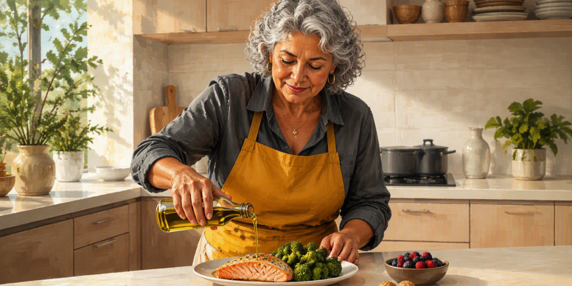Mujer mayor vierte aceite de oliva sobre un plato con salmón y brócoli en una cocina, junto a frutos rojos y nueces.