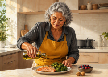 Mujer mayor vierte aceite de oliva sobre un plato con salmón y brócoli en una cocina, junto a frutos rojos y nueces.
