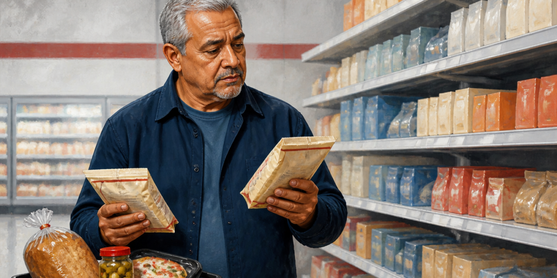 Hombre mayor compara dos paquetes de alimentos en un supermercado mientras sostiene uno en cada mano frente a estanterías llenas de productos envasados.