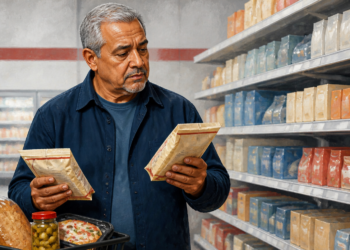 Hombre mayor compara dos paquetes de alimentos en un supermercado mientras sostiene uno en cada mano frente a estanterías llenas de productos envasados.
