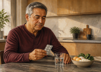 Hombre mayor sostiene un blíster de pastillas sentado en una cocina, junto a un vaso de agua y un cuenco con huevos, verduras de hoja verde y un alimento blanco.