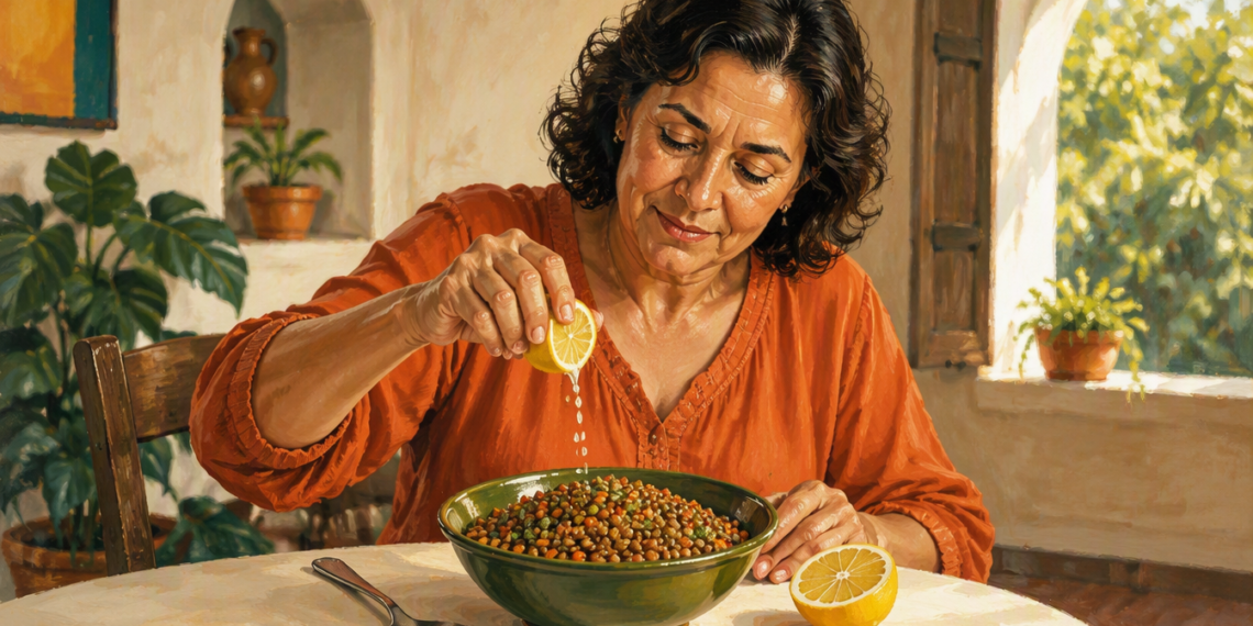 Mujer adulta exprimiendo medio limón sobre un plato de lentejas con verduras, en una mesa de comedor iluminada por luz natural.