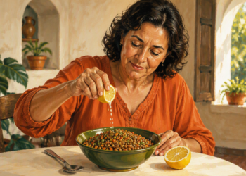 Mujer adulta exprimiendo medio limón sobre un plato de lentejas con verduras, en una mesa de comedor iluminada por luz natural.
