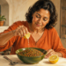 Mujer adulta exprimiendo medio limón sobre un plato de lentejas con verduras, en una mesa de comedor iluminada por luz natural.