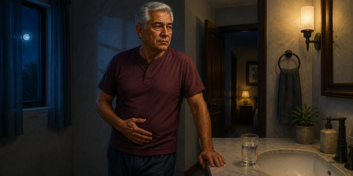 Hombre mayor de pie en un baño durante la noche sostiene una mano sobre la parte baja del abdomen, junto a un lavabo con un vaso de agua.